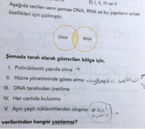 E) I, II, III ve V
Aşağıda verilen venn şeması DNA, RNA ve bu yapıların ortak
özellikleri için çizilmiştir.
DNA
RNA
Şemada taralı olarak gösterilen bölge için,
1. Polinükleotit yapıda olma +
II. Hücre yönetiminde görev alma -> yönetici molekul?
.
III. DNA 