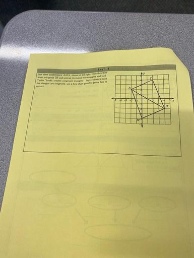 Level 4
Sum drew quadrilateral MATW, shown at the right. Sam then then
drew a diagonal A and noticed it created two triangles and trick
Taylor. "Look! I created
congruent triangles
. Taylor doesn't think
the triangles are congruent use a flow chart proof to prove Sam is
correct
H