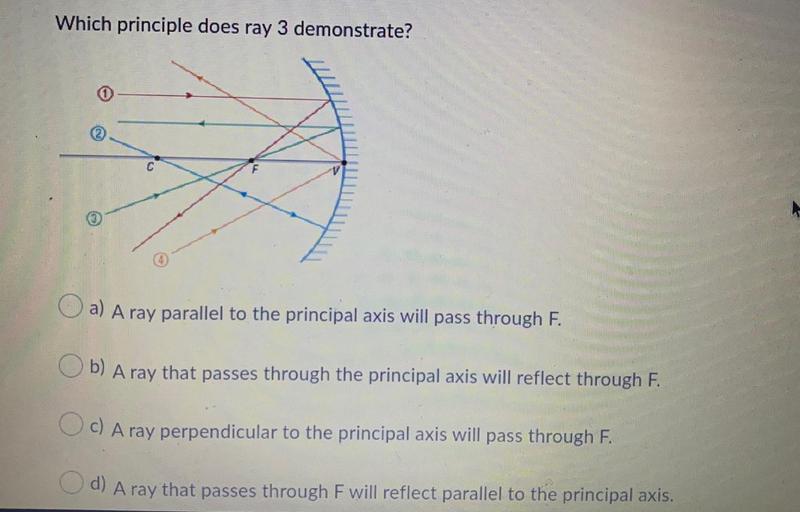 Which principle does ray 3 demonstrate?
C
a) A ray parallel to the principal axis will pass through F.
b) A ray that passes through the principal axis will reflect through F.
Oc) A ray perpendicular to the principal axis will pass through F.
O d) A ray that passes through F will reflect parallel to the principal axis.