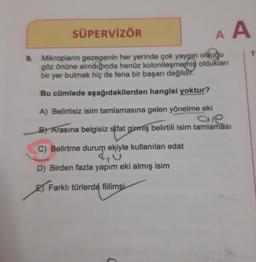 SÜPERVİZÖR
A
A
1
9. Mikropların gezegenin her yerinde çok yaygın olduğu
göz önüne alındığında henüz kolonileşmemiş oldukları
bir yer bulmak hiç de fena bir başarı değildir.
Bu cümlede aşağıdakilerden hangisi yoktur?
A) Belirtisiz isim tamlamasına gelen yönelme eki
are
B) Arasına belgisiz sifat girmiş belirtili isim tamlaması
C) Belirtme durum ekiyle kullanılan edat
Yü
D) Birden fazla yapım eki almış isim
E Farklı türlerde fiilimsi
