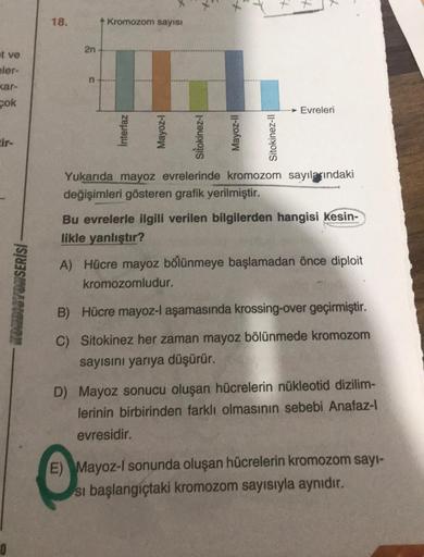 L
+
18.
Kromozom sayisi
2n
.
t ve
eler-
kar-
şok
n
→ Evreleri
Interfaz
Mayoz-1
Eir-
Sitokinez-
Mayoz-ll
Sitokinez-11
Yukarıda mayoz evrelerinde kromozom sayılarındaki
değişimleri gösteren grafik yerilmiştir.
Bu evrelerle ilgili verilen bilgilerden hangisi 