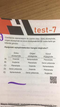 4
test-7
Canlılarda rejenerasyon ile üreme olayı, doku düzeyinde,
organ düzeyinde ve vücut düzeyinde olmak üzere farklı şe-
killerde görülür.
Aşağıdaki eşleştirmelerden hangisi doğrudur?
Doku
düzeyinde
insanda
Organ
düzeyinde
Kertenkelede
A)
B)
Planariada
Vücut
düzeyinde
Planariada
Deniz yıldızında
Kertenkelede
Planariada
Kuşlarda
Kuşlarda
Planariada
Deniz yıldızında
Kertenkelede
C)
D)
insanda
İnsanda
Deniz yıldızında
E)
Mayoz bölünmede asaðıdaki evrelerin hangisinde kar-
