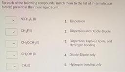 For each of the following compounds, match them to the list of intermolecular
force(s) present in their pure liquid form.
N(CH3)3 (1)
1. Dispersion
CH3F (1)
2. Dispersion and Dipole-Dipole
<
CH3OCH3 (0)
3. Dispersion, Dipole-Dipole, and
Hydrogen bonding
<