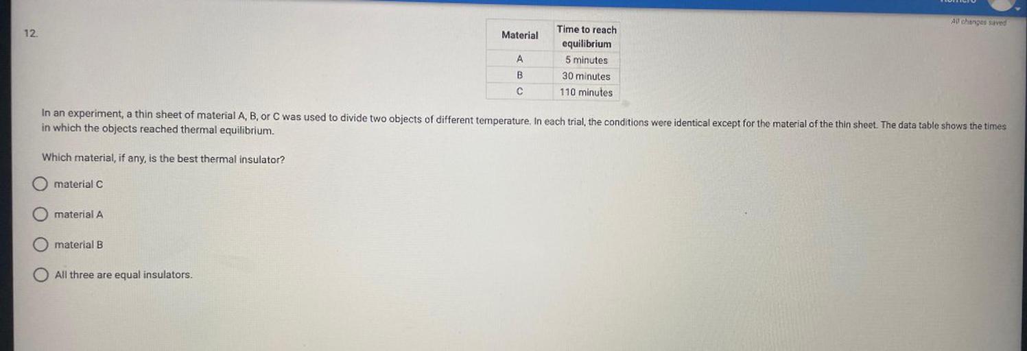All changes saved
12.
Material
A
Time to reach
equilibrium
5 minutes
30 minutes
110 minutes
B
C
In an experiment, a thin sheet of material A, B, or C was used to divide two objects of different temperature. In each trial, the conditions were identical except for the material of the thin sheet. The data table shows the times
in which the objects reached thermal equilibrium.
Which material, if any, is the best thermal insulator?
material C
material A
material B
All three are equal insulators.