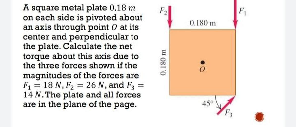F2
F
0.180 m
A square metal plate 0.18 m
on each side is pivoted about
an axis through point 0 at its
center and perpendicular to
the plate. Calculate the net
torque about this axis due to
the three forces shown if the
magnitudes of the forces are
Fi = 18 N, F2 = 26 N, and F3
14 N. The plate and all forces
are in the plane of the page.
0.180 m
45°
F3
