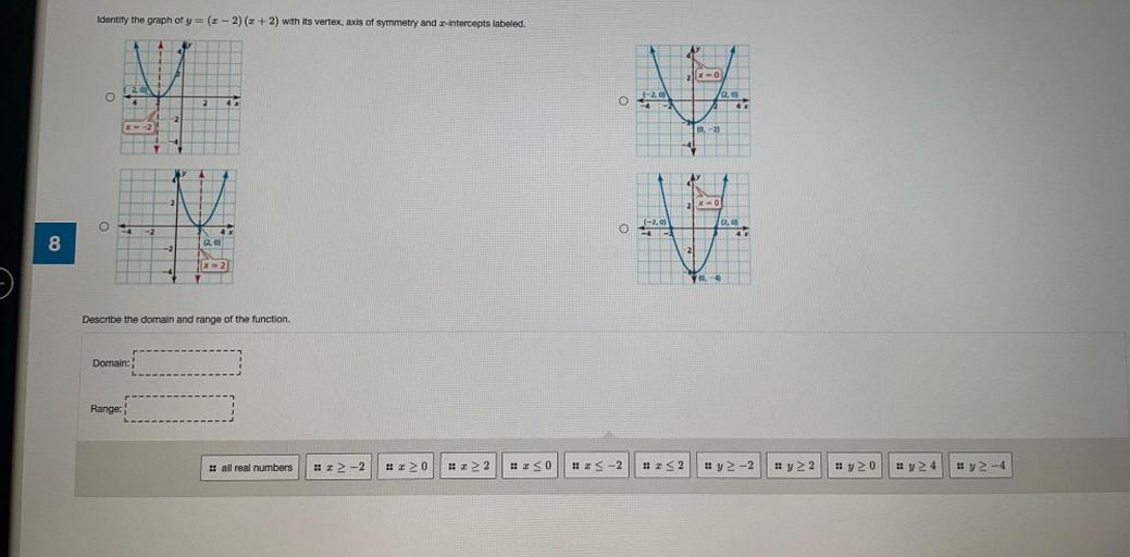 Identify the graph of y=(x-2)(x + 2) with its vertex, axis of symmetry and z-intercepts labeled.
2x
( 201
O
(-20)
2
4
O
2,0)
22
4
-21
2
X-2
10,-2)
21 x 0
(-2,0)
(2.0)
O
-2
O
8
2.0)
-2
2
[x = 2
-4
70-4
Describe the domain and range of the function.
Domain:
Range:
:: all real numbers
!! 3-2
:: 3 > 0
:: I> 2
:: 3 < 0
:: 3 < -2
!! <2
y> -2
y > 2
Ayo
Iy24
y-4