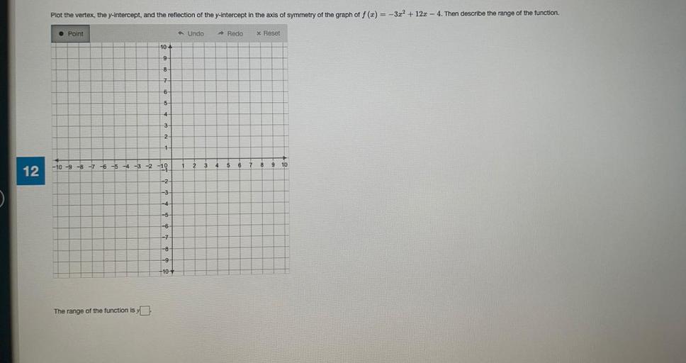 Plot the vertex, the y-intercept, and the reflection of the y-intercept in the axis of symmetry of the graph of f(x) = -3x² + 12x - 4. Then describe the range of the function.
Point
Undo
Redo
x Reset
104
9
8
7
6
5
4
3
2
1
2
3
4
5
6
7
8
9
10
12
-10 -9 -8 -7 -6 -5 -4 -3 -2 -19
-2
-3
-4
-5
-6
-7
-9
10
The range of the function is