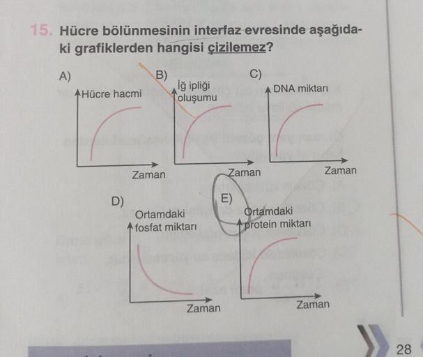 15. Hücre bölünmesinin interfaz evresinde aşağıda-
ki grafiklerden hangisi çizilemez?
B)
C)
A)
AHücre hacmi
iğ ipliği
oluşumu
A DNA miktarı
Zaman
Zaman
Zaman
E)
D)
Ortamdaki
A fosfat miktarı
Ortamdaki
protein miktari
Zaman
Zaman
»
28