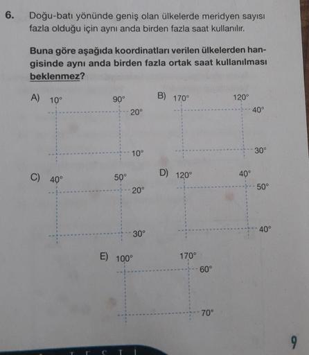 6.
Doğu-batı yönünde geniş olan ülkelerde meridyen sayısı
fazla olduğu için aynı anda birden fazla saat kullanılır.
Buna göre aşağıda koordinatları verilen ülkelerden han-
gisinde aynı anda birden fazla ortak saat kullanılması
beklenmez?
A) 10°
90°
B) 170°