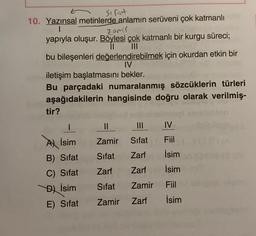 sifat
10. Yazınsal metinlerde anlamın serüveni çok katmanlı
zamil
yapıyla oluşur. Böylesi çok katmanlı bir kurgu süreci;
il
bu bileşenleri değerlendirebilmek için okurdan etkin bir
IV
iletişim başlatmasını bekler.
Bu parçadaki numaralanmış sözcüklerin türleri
aşağıdakilerin hangisinde doğru olarak verilmiş-
tir?
II
IV
Zamir
Sifat
A İsim
B) Sifat
C) Sifat
Fiil
İsim
Sifat
Zarf
Zarf
Zarf
İsim
D) İsim
Sifat
Zamir
Fiil
Zamir
E) Sifat
Zarf
İsim