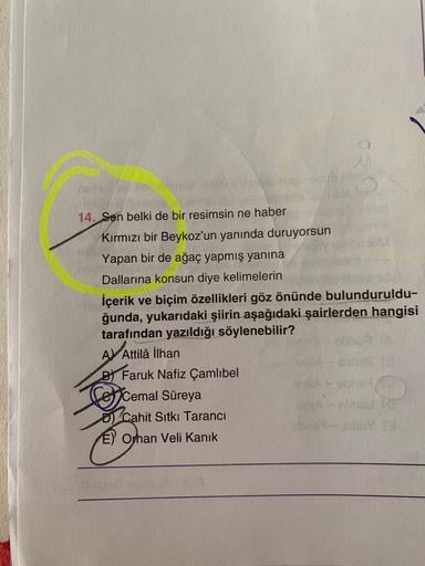 14. Sen belki de bir resimsin ne haber
Kırmızı bir Beykoz'un yanında duruyorsun
Yapan bir de ağaç yapmış yanına
Dallarına konsun diye kelimelerin
İçerik ve biçim özellikleri göz önünde bulunduruldu-
ğunda, yukarıdaki şiirin aşağıdaki şairlerden hangisi
tar