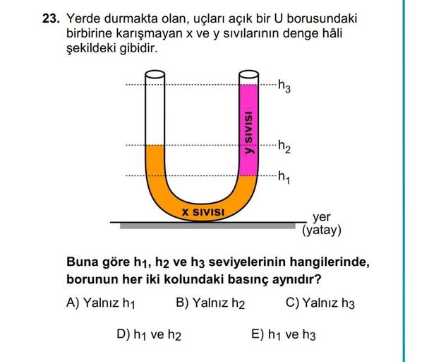 23. Yerde durmakta olan, uçları açık bir U borusundaki… Fizik