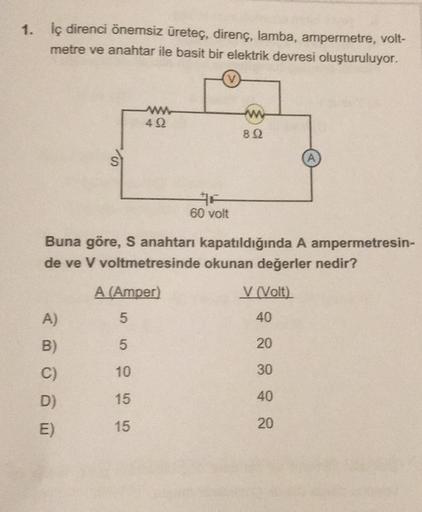 1. İç direnci önemsiz üretec, direnç, lamba, ampermetre, volt-
metre ve anahtar ile basit bir elektrik devresi oluşturuluyor.
w
4
822
A
#A
60 volt
Buna göre, S anahtarı kapatıldığında A ampermetresin-
de ve V voltmetresinde okunan değerler nedir?
A (Amper)