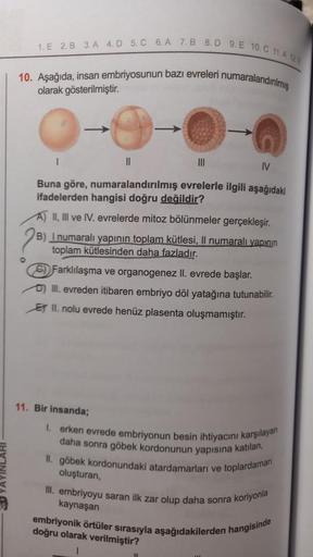 1. E 2. B 3. A 4.D 5. C 6.A 7.B 8.D 9. E 10. C 11.A 12 E
10. Aşağıda, insan embriyosunun bazı evreleri numaralandırılmış
olarak gösterilmiştir.
-
1
||
IV
Buna göre, numaralandırılmış evrelerle ilgili aşağıdaki
ifadelerden hangisi doğru değildir?
II, III ve