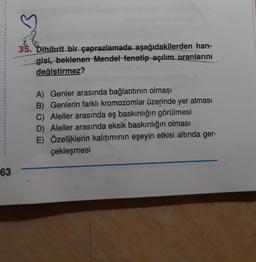 63
35. Dihibrit bir çaprazlamada aşağıdakilerden han-
gisi, beklenen Mendel fenotip açılım oranlarını
değiştirmez?
A) Genler arasında bağlantının olmaşı
B) Genlerin farklı kromozomlar üzerinde yer alması
C) Aleller arasında eş baskınlığın görülmesi
D) Aleller arasında eksik baskınlığın olması
E) Özelliklerin kalıtımının eşeyin etkisi altında ger-
çekleşmesi