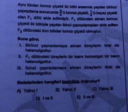 Aynı türden kırmızı çiçekli iki bitki arasında yapılan birinci
çaprazlama sonucunda 3'ü kırmızı çiçekli, 'ü beyaz çiçekli
olan F, dölü elde edilmiştir. F, dölünden alınan kırmızı
çiçekli iki bitkiyle yapılan ikinci çaprazlamadan elde edilen
F₂ dölündeki tüm bitkiler kırmızı çiçekli olmuştur.
Buna göre;
1. Birinci çaprazlamaya alınan bireylerin ikisi de
heterozigottur.
II. F₁ dölündeki bireylerin bir kısmı homozigot bir kısmı
heterozigottur.
III. Ikinci çaprazlamaya alınan bireylerin ikisi de
heterozigottur.
ifadelerinden hangileri kesinlikle doğrudur?
A) Yalnız I
B) Yalnız II
C) Yalnız III
D) I ve ll
E) II ve Ill