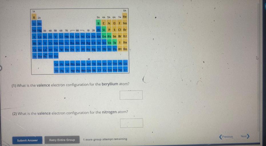 (A) What is the valence electron configuration for the beryllium atom?
(B) What is the valence electron configuration for the nitrogen atom?