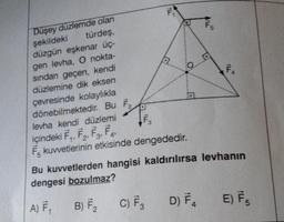 10.
Düşey düzlemde olan
şekildeki
türdeş,
F₁
düzgün eşkenar üç-
gen levha, O nokta-
sından geçen, kendi
düzlemine dik eksen
çevresinde kolaylıkla
dönebilmektedir. Bu F
levha kendi düzlemi
içindeki F₁, F₂, F3, F4
F kuvvetlerinin etkisinde dengededir.
Bu kuvvetlerden hangisi kaldırılırsa levhanın
dengesi bozulmaz?
A) F₁
B) F₂
C) F3
D) F4
E) F5
O
ILL.