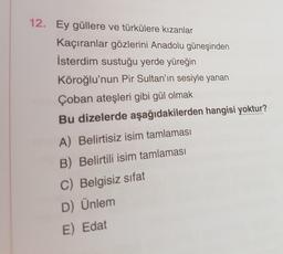 12. Ey güllere ve türkülere kızanlar
Kaçıranlar gözlerini Anadolu güneşinden
İsterdim sustuğu yerde yüreğin
Köroğlu'nun Pir Sultan'ın sesiyle yanan
Çoban ateşleri gibi gül olmak
Bu dizelerde aşağıdakilerden hangisi yoktur?
A) Belirtisiz isim tamlaması
B) Belirtili isim tamlaması
C) Belgisiz sifat
D) Ünlem
E) Edat