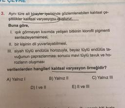 3. Aynı türe ait bireyler içerisinde gözlemlenebilen kalıtsal çe-
şitlilikler kalítsal varyasyonu oluşturur.
Buna göre,
1. ışık görmeyen kısımda yetişen bitkinin klorofil pigmenti
sentezleyememesi, alle na
II. bir kişinin dil yuvarlayabilmesi,
III. siyah tüylü endülüs horozuyla, beyaz tüylü endülüs ta-
vuğunun çaprazlanması sonucu mavi tüylü tavuk ve ho-
rozların oluşması
verilenlerden hangileri kalıtsal varyasyon örneğidir?
A) Yalnız I
B) Yalnız II
C) Yalnız III
D) I ve II
E) II ve III
FIL
enrek biti bizla