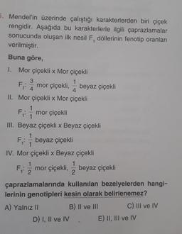 5. Mendel'in üzerinde çalıştığı karakterlerden biri çiçek
rengidir. Aşağıda bu karakterlerle ilgili çaprazlamalar
sonucunda oluşan ilk nesil F, döllerinin fenotip oranları
verilmiştir.
Buna göre,
1. Mor çiçekli x Mor çiçekli
3
F. mor çiçekli, beyaz çiçekli
1 4
4
II. Mor çiçekli x Mor çiçekli
1
F.: mor çiçekli
1
III. Beyaz çiçekli x Beyaz çiçekli
F₁: beyaz çiçekli
1
IV. Mor çiçekli x Beyaz çiçekli
F: 1/12/2 mor çiçekli, beyaz çiçekli
2
çaprazlamalarında kullanılan bezelyelerden hangi-
lerinin genotipleri kesin olarak belirlenemez?
A) Yalnız II
B) II ve III
C) III ve IV
D) I, II ve IV
E) II, III ve IV