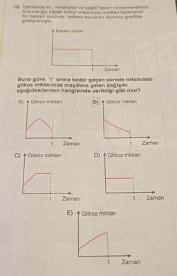 19. İçerisinde su, mineraller ve çeşitli besin monomerlerinin
bulunduğu kapalı kültür ortamında üretilen heterotrof
bir bakteri türünde, bakteri sayısının durumu grafikte
gösterilmiştir.
A Bakteri sayısı
t
Zaman
Buna göre, "t" anına kadar geçen sürede ortamdaki
glikoz miktarında meydana gelen değişim
aşağıdakilerden hangisinde verildiği gibi olur?
A) Glikoz miktarı
(B)) A Glikoz miktarı
t
t
C) Glikoz miktarı
D) Glikoz miktarı
t
Zaman
Zaman
E)
Glikoz miktarı
h
Zaman
Zaman
Zaman