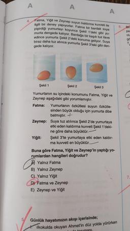 A
A
A
4.
Fatma, Yiğit ve Zeynep suyun kaldırma kuvveti ile
ilgili bir deney yapıyorlar. Fatma bir bardak suya
pişirdiği yumurtayı koyunca Şekil 1'deki gibi yu-
murta dengede kalıyor. Bardağa bir kaşık tuz ilave
edince yumurta Şekil 2'deki konuma geliyor. Suya
biraz daha tuz atınca yumurta Şekil 3'teki gibi den-
gede kalıyor.
Şekil 1
Şekil 2
Şekil 3
Yumurtanın su içindeki konumunu Fatma, Yiğit ve
Zeynep aşağıdaki gibi yorumlamıştır.
Fatma: Yumurtanın özkütlesi suyun özkütle-
sinden büyük olduğu için yumurta dibe
batmıştır. +
Zeynep: Suya tuz atılınca Şekil 2'de yumurtaya
etki eden kaldırma kuvveti Şekil 1'deki-
ne göre daha büyüktür.-
Yiğit: Şekil 3'te yumurtaya etki eden kaldır-
ma kuvveti en büyüktür.
Buna göre Fatma, Yiğit ve Zeynep'in yaptığı yo-
rumlardan hangileri doğrudur?
A Yalnız Fatma
B) Yalnız Zeynep
C) Yalnız Yiğit
D) Fatma ve Zeynep
E) Zeynep ve Yiğit
Günlük hayatımızın akışı içerisinde;
ilkokulda okuyan Ahmet'in düz yolda yürürken
do tasiması.
6.
Bir
pe
olu
gå
T
7.