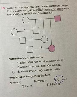 19. Aşağıdaki soy ağacında taralı olarak gösterilen bireyler
X kromozomunda çekinik olarak taşınan bir özellik olan
renk körlüğünü fenotipinde göstermektedir.
2
3
Numaralı ailelerle ilgili olarak,
I.
1. ailenin renk körü erkek çocukları olabilir.
2. ailenin kız çocuğu renk körü olamaz.
II.
III. 3. ailenin erkek çocuğu sağlıklı olabilir.
yargılarından hangileri doğrudur?
A) Yalnız I
B) Yalnız III
D) II ve III
XC) I e II
E) I, II ve III