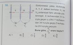 10. X
d
Y
A) 1 B)
30
V₂
Z
20
c) //
Sürtünmesiz yatay düzlemde
X, Y, Z iletken levhaları V₁ ve
V₂ potansiyel farkı altında yük-
lenmiştir. X levhasından hi-
zıyla geçen q yükü Y levhasın-
dan 30 hızıyla geçip Z levhası-
na 20 hızıyla çarpıyor.
Buna göre,
oranı kaçtır?
V/₂
2
8
D)
E)