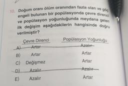 10. Doğum oranı ölüm oranından fazla olan ve göç
engeli bulunan bir popülasyonda çevre direnci
ve popülasyon yoğunluğunda meydana gelen
ilk değişim aşağıdakilerin hangisinde doğru
verilmiştir?
Çevre Direnci
Popülasyon Yoğunluğu
Artar
Azalır
Artar
Artar
Değişmez
Artar
Azalır
Azalı
Azalır
_A)
B)
C)
D.)
E)
Artar
179