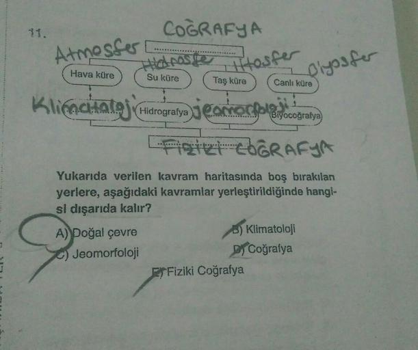 COĞRAFYA
Atmosfer
Hava küre
Su küre
Taş küre
Canlı küre
Klimcitataj Hidrografya jamad (Biyocoğrafya
Fiziet COĞRAFYA
Yukarıda verilen kavram haritasında boş bırakılan
yerlere, aşağıdaki kavramlar yerleştirildiğinde hangi-
si dışarıda kalır?
A) Doğal çevre
B