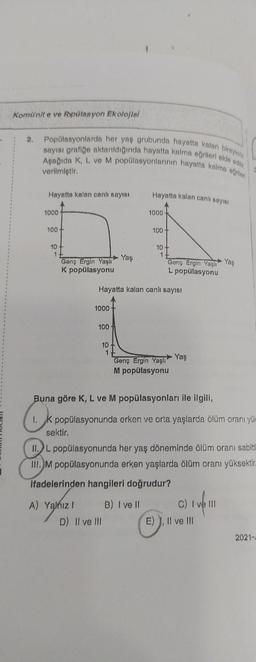 Komünit e ve Ropülasyon Ekolojisi
2.
Popülasyonlarda her yaş grubunda hayatta kalan bireylerin
sayısı grafiğe aktarıldığında hayatta kalma eğrileri elde edilir.
Aşağıda K, L ve M popülasyonlarının hayatta kalma eğriler
verilmiştir.
Hayatta kalan canlı sayısı
Hayatta kalan canlı sayısı
1000
1000
100
10
Yaş
Genç Ergin Yaşlı
K popülasyonu
Hayatta kalan canlı sayısı
1000
Yaş
Genç Ergin Yaşlı
M popülasyonu
Buna göre K, L ve M popülasyonları ile ilgili,
1. K popülasyonunda erken ve orta yaşlarda ölüm oranı yük
sektir.
L popülasyonunda her yaş döneminde ölüm oranı sabitt
III. M popülasyonunda erken yaşlarda ölüm oranı yüksektir.
ifadelerinden hangileri doğrudur?
A) Yalnız !
B) I ve II
C) I ve III
D) II ve III
E), II ve III
2021-
100+
10-
1.
100+
10
1
1
Genç Ergin Yaşlı Yaş
L popülasyonu