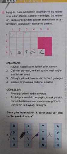 19. Aşağıda, bazı kelimelerin anlamları ve bu kelime-
lerin kullanıldıkları cümleler verilmiştir. Bu kelime-
leri, cümlelerin içinden bularak sözcüklerin eş an-
lamlılarını bulmacanın satırlarına yazınız.
1
2 3
4
5
6
2
3
4 1
TSTEIC
ANLAMLAR:
1. Hayvan hast