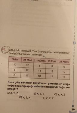 70. Aşağıdaki tabloda X, Y ve Z şehirlerinde, belirtilen tarihler- R
deki gündüz süreleri verilmiştir.
M
Şehir 21 Mart 21 Haziran 23 Eylül
21 Aralık
L
X
12
8
12
16
Y
12
14
12
10
12
13
12
11
Buna göre şehirlerin Ekvatora en yakından en uzağa
doğru sıralanışı aşağıdakilerden hangisinde doğru ve-
rilmiştir?
A) X, Y, Z
B) X, Z, Y
C) Y, X, Z
D) Y, Z, X
E) Z, Y, X
N
19