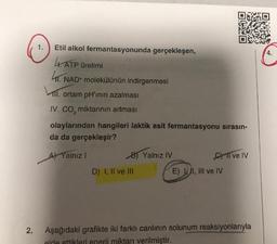 Etil alkol fermantasyonunda gerçekleşen,
4. ATP üretimi
41. NAD+ molekülünün indirgenmesi
VI. ortam pH'ının azalması
IV. CO₂ miktarının artması
olaylarından hangileri laktik asit fermantasyonu sırasın-
da da gerçekleşir?
A) Yalnız I
B) Yalnız IV
C) II ve IV
D) I, II ve III
E) I, III ve IV
2. Aşağıdaki grafikte iki farklı canlının solunum reaksiyonlarıyla
elde ettikleri enerji miktarı verilmiştir.
1.