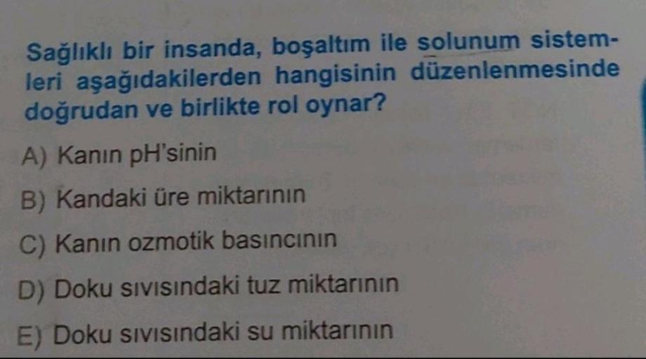 Sağlıklı bir insanda,
boşaltım ile solunum sistem-
leri aşağıdakilerden hangisinin düzenlenmesinde
doğrudan ve birlikte rol oynar?
A) Kanın pH'sinin
B) Kandaki üre miktarının
C) Kanin ozmotik basıncının
D) Doku sıvısındaki tuz miktarının
E) Doku sıvısındak