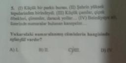 5. (1) Küçük bir parkti buras. (II) Şehrin yüksek
tepelerinden birindeydi. (III) Küçük çamlar, çiçek
öbekleri, çimenler, daracak yollar... (IV) Belediyeye ait,
üzerinde numaralar bulunan kanepeler...
Yukaradaki numaralanmış cümlelerin hangisinde
sifat-fill vardır?
A)L
cym.
D) IV