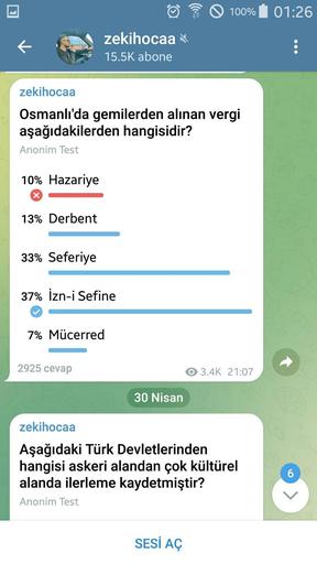 100%
zekihocaa
15.5K abone
zekihocaa
Osmanlı'da gemilerden alınan vergi
aşağıdakilerden hangisidir?
Anonim Test
10% Hazariye
X
13% Derbent
33% Seferiye
37% İzn-i Sefine
7% Mücerred
2925 cevap
30 Nisan
zekihocaa
Aşağıdaki Türk Devletlerinden
hangisi askeri alandan çok kültürel
alanda ilerleme kaydetmiştir?
Anonim Test
SESİ AÇ
3.4K 21:07
01:26
60
>