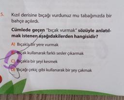 5.
Kızıl derisine bıçağı vurdunuz mu tabağınızda bir
bahçe açılırdı.
Cümlede geçen "bıçak vurmak" sözüyle anlatıl-
mak istenen aşağıdakilerden hangisidir?
A) Bıçakla bir yere vurmak
BY Bıçak kullanarak farklı sesler çıkarmak
C) Bıçakla bir şeyi kesmek
D) Bıçağı çekiç gibi kullanarak bir şey çakmak