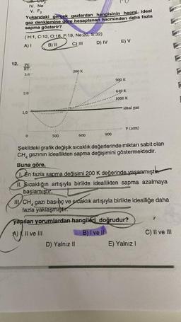 12.
602
IV. Ne
V. F₂
Yukarıdaki gerçek gazlardan hangisinin hacmi ideal
gaz denklemine göre hesaplanan hacminden daha fazla
sapma gösterir?
(H:1, C:12, 0:16, F:19, Ne:20, S:32)
A) I
E) V
C) III
B) II
D) IV
PV
3,0
2,0
200 K
500 K
640 K
1000 K
ideal gaz
1,0
P (atm)
0
300
900
Şekildeki grafik değişik sıcaklık değerlerinde miktarı sabit olan
CH, gazının ideallikten sapma değişimini göstermektedir.
Buna göre,
En fazla sapma değişimi 200 K değerinde yaşanmışt
11. Sıcaklığın artışıyla birlikte ideallikten sapma azalmaya
başlamıştır.
ICH gazı basınç ve sıcaklık artışıyla birlikte idealliğe daha
4
fazla yaklaşmıştır.
yapılan yorumlardan hangileri doğrudur?
A) I, II ve III
B) I ve II
C) II ve III
D) Yalnız II
E) Yalnız I
F
E
F