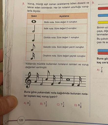 3.
2. Vuruş, müziği eşit zaman aralıklarına bölen düzenli ve
tekrar eden birimlerdir. Her bir notanın uzunluğu vuruş-
larla ölçülür.
Unten His
Şekil
Açıklama
Birlik nota. Süre değeri 4 vuruştur.
Nabidere ikilik nota. Süre değeri 2 vuruştur.
an
679) Rabar
D