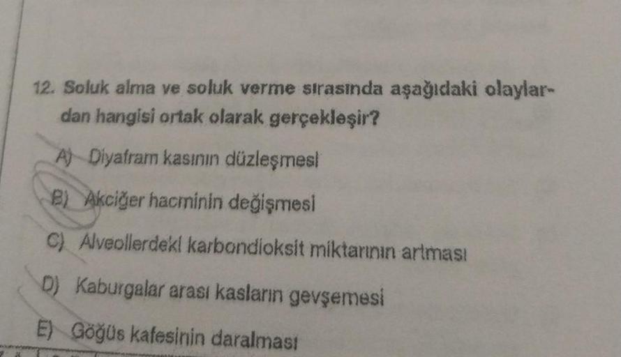 12. Soluk alma ve soluk verme sırasında aşağıdaki olaylar-
dan hangisi ortak olarak gerçekleşir?
A) Diyafram kasının düzleşmesi
B) Akciğer hacminin değişmesi
C) Alveollerdeki karbondioksit miktarının artması
D) Kaburgalar arası kasların gevşemesi
E) Göğüs
