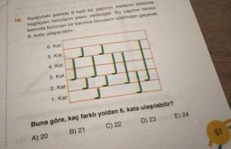 10. Aşağıdaki şekilde 6 katlı bir yapının, katlarını birbirine
bağlayan boruların planı verilmiştir. Bu yapının birinci
katında bulunan bir karınca boruların içlerinden geçerek
6. kata ulaşacaktır.
6. Kat
5. Kat
4. Kat
3. Kat
2. Kat
1. Kat
Buna göre, kaç farklı yoldan 6. kata ulaşılabilir?
A) 20
B) 21
C) 22
D) 23
E) 24
51