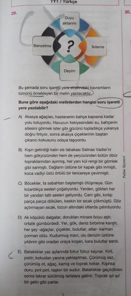 -
29.
TYT / Türkçe
Duyu
aktarımı
Benzetme
?
Ikileme
Deyim
Bu şemada soru işaretli yere etrafındaki kavramların
tümünü örnekleyen bir metin yazılacaktır.
Buna göre aşağıdaki metinlerden hangisi soru işaretli
yere yazılabilir?
A) Akasya ağaçları, hastanenin bahçe kapısına kadar
yolu tutuyordu. Havuzun fiskiyesindeki su, bahçenin
sitesini görmek ister gibi gücünü topladıkça yukarıya
doğru fırlıyor, sonra akasya çiçeklerinin baştan
çıkarıcı kokusunu odaya taşıyordu.
B) Kışın getirdiği kalın sis tabakası Salinas Vadisi'ni
hem gökyüzünden hem de yeryüzünden bütün öbür
topraklarından ayırmış, her yanı kül rengi bir gömlek
gibi sarmıştı. Dağların üstüne bir kapak gibi inmişti,
koca vadiyi üstü örtülü bir tencereye çevirmişti.
C) Böcekler, ta sabahtan başlamıştı ötüşmeye. Gün
kızardıkça sesleri çoğalıyordu. Yerden, gökten her
bir yandan tatlı sesleri geliyordu. Cam gibi, kırılıp
parça parça dökülen, keskin bir sıcak çökmüştü. Göz
açtırmayan sıcak, tozun altındaki otlarda çatırdıyordu.
D) Ak köpüklü dalgalar, dorukları minare boyu aştı;
ortalık gümbürdedi. Yer, gök, deniz birbirine karıştı;
her şey -ağaçlar, çiçekler, bulutlar, atlar-karman
çorman oldu. Kudurmuş mavi, ulu denizin üstüne
yıldırım gibi oradan oraya koşan, kara bulutlar sardı.
E) Bataklıklar yaz aylarında fokur fokur kaynar. Kirli,
pistir; kokudan yanına yaklaşılmaz. Çürümüş saz,
çürümüş ot, ağaç, kamış ve toprak kokar. Kışınsa
duru, pırıl pırıl, taşkın bir sudur. Bataklıklar geçildikten
sonra tekrar sürülmüş tarlalara gelinir. Toprak ışıl ışıl
bir gelin gibi parlar.
30.
Palme Yayınevi