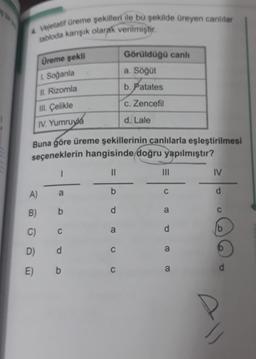 4 Vejetatif üreme şekilleri ile bu şekilde üreyen canlılar
tabloda karışık olarak verilmiştir.
Görüldüğü canlı
Üreme şekli
a. Söğüt
1. Soğanla
b. Patates
II. Rizomla
III. Çelikle
c. Zencefil
IV. Yumruyla
d. Lale
Buna göre üreme şekillerinin canlılarla eşleştirilmesi
seçeneklerin hangisinde doğru yapılmıştır?
1
||
|||
IV
A)
a
b
C
d
d
a
a
d
C
a
C
a
B)
C)
D)
E)
b
C
d
b
b
P