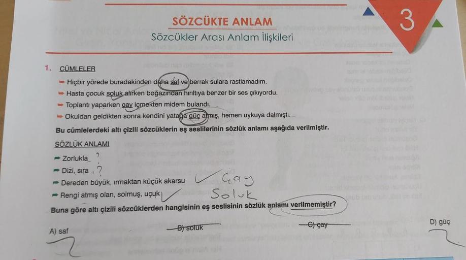 SÖZCÜKTE ANLAM
Sözcükler Arası Anlam İlişkileri
1.
CÜMLELER
Hiçbir yörede buradakinden daha saf ve berrak sulara rastlamadım.
→Hasta çocuk soluk alırken boğazından hırıltıya benzer bir ses çıkıyordu.
Toplantı yaparken çay içmekten midem bulandı.
→ Okuldan