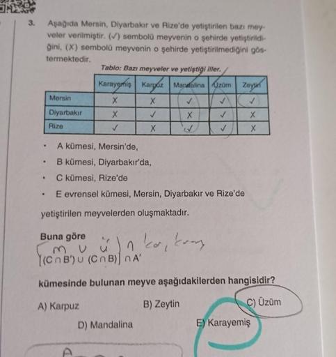 A
3.
Aşağıda Mersin, Diyarbakır ve Rize'de yetiştirilen bazı mey-
veler verilmiştir. (✓) sembolü meyvenin o şehirde yetiştirildi-
ğini, (X) sembolü meyvenin o şehirde yetiştirilmediğini gös-
termektedir.
Tablo: Bazı meyveler ve yetiştiği iller.
Karayemiş K