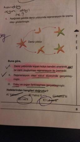 handog
ags
olay 1
ne?
4. Aşağıdaki şekilde deniz yıldızında rejenerasyon ile üreme
olayı gösterilmiştir.
Jeg
Deniz yıldızı
**
Deniz yıldızında kopan kolun kendini onararak yeni
bir canlı oluşturması rejenerasyon ile üremedir.
II. Rejenerasyon olayı vücut düzeyinde gerçekleş-
miştir.
III. Doku ve organ farklılaşması gerçekleşmiştir.
ifadelerinden hangileri doğrudur?
A) Yalnız
B) Yalnız II
C)Yalnız III
I ve 11
Buna göre,
E) Ivett
8