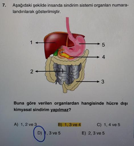 7.
Aşağıdaki şekilde insanda sindirim sistemi organları numara-
landırılarak gösterilmiştir.
1
5
2
3
Buna göre verilen organlardan hangisinde hücre dışı
kimyasal sindirim yapılmaz?
A) 1, 2 ve 3
B) 1,3 ve 4
C) 1, 4 ve 5
D) 1,3 ve 5
E) 2, 3 ve 5