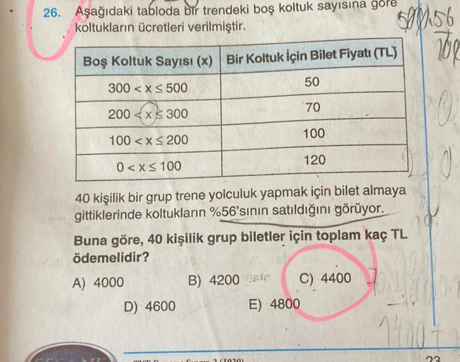 26. Aşağıdaki tabloda bir trendeki boş koltuk&hellip; Lise Matematik